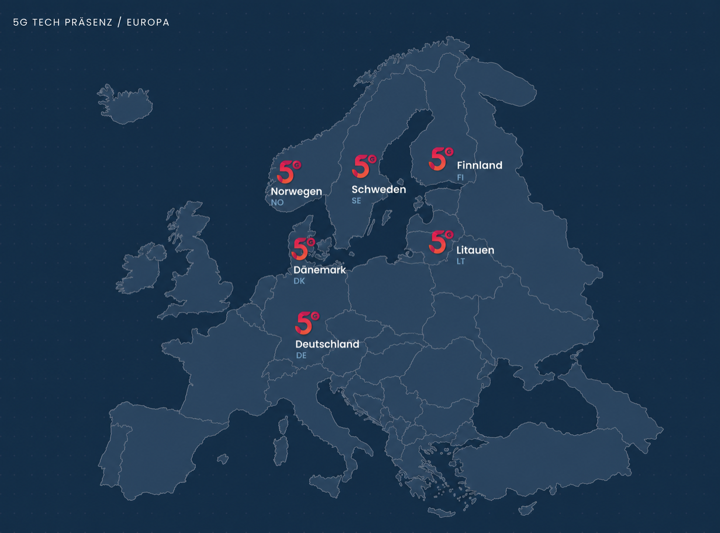 Geographie der 5G-TECH-Projekte in Europa: Litauen, Deutschland, Schweden, Norwegen, Dänemark und Finnland
