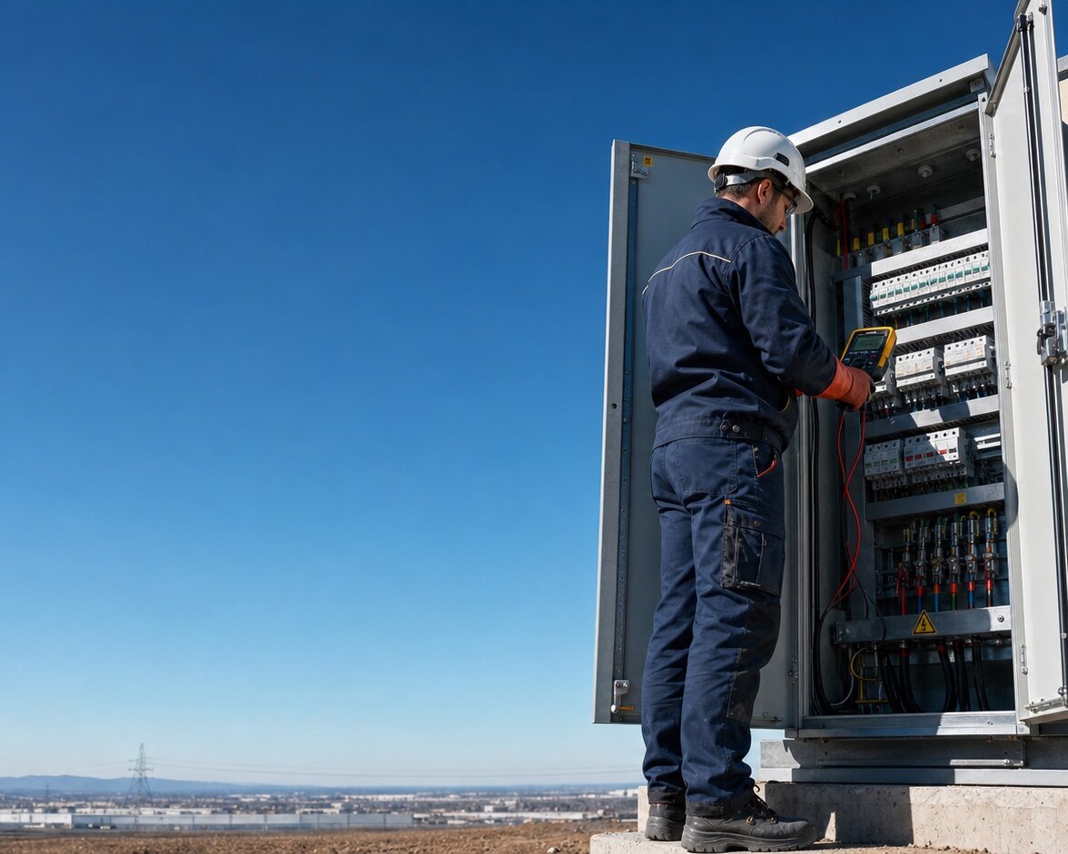 Elektrikas tikrina elektros skirstomąją spintą
